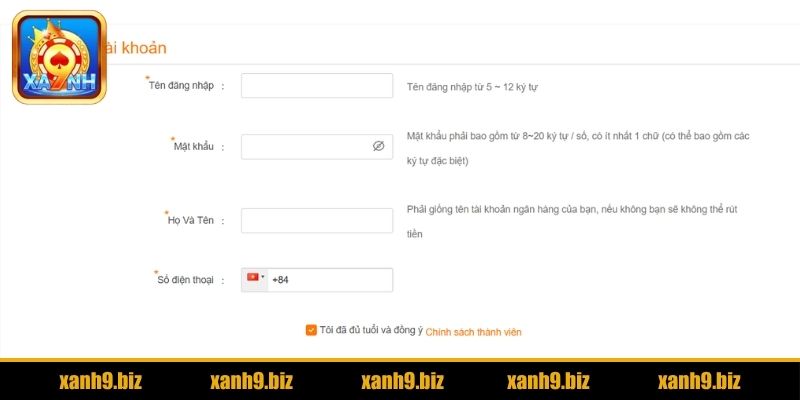 Điền thông tin cá nhân để đăng ký cổng game XANH9