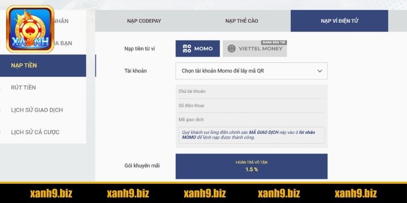 Nạp tiền XANH9 qua ví điện tử
